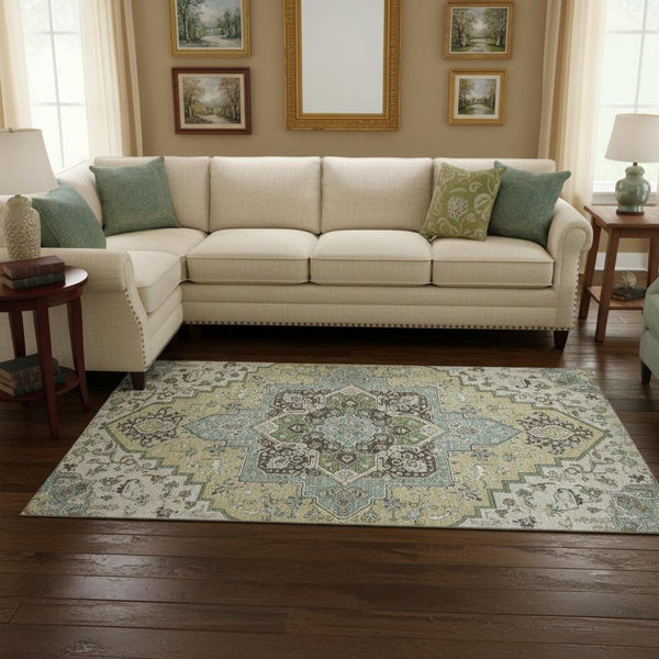 HomeRoots 10' Beige Sage & Ivory Oriental Washable Area Rug - Durable, UV-Protected, Perfect for Busy Homes! 681287