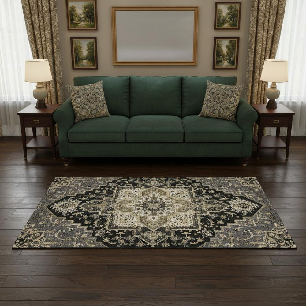 HomeRoots 5' X 8' Elegant Black Gold Beige Oriental Washable Rug - UV Protection, Stain Resistant & Easy Care 681289