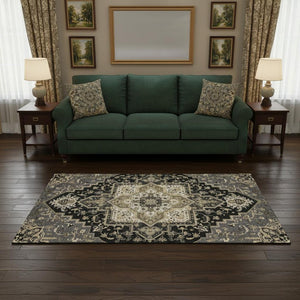 HomeRoots 5' X 8' Elegant Black Gold Beige Oriental Washable Rug - UV Protection, Stain Resistant & Easy Care 681289