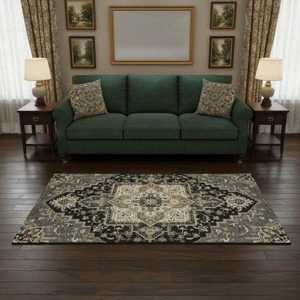 HomeRoots 5' X 8' Elegant Black Gold Beige Oriental Washable Rug - UV Protection, Stain Resistant & Easy Care 681289