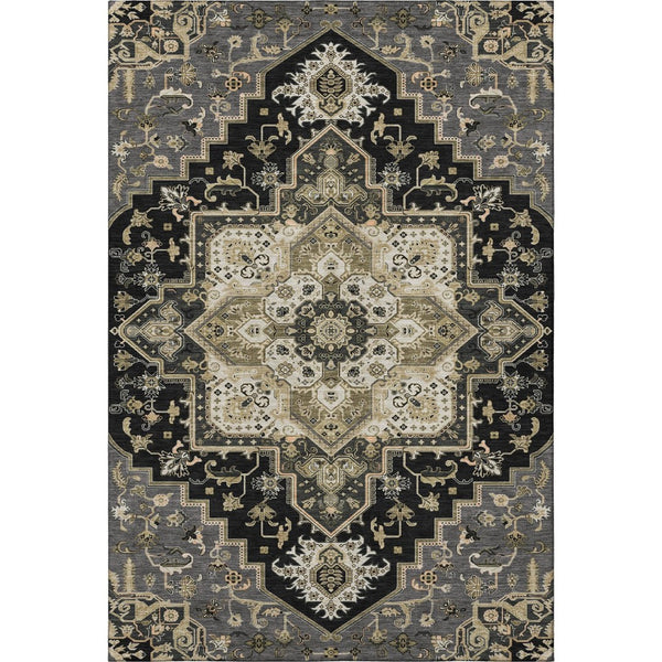 HomeRoots 5' X 8' Elegant Black Gold Beige Oriental Washable Rug - UV Protection, Stain Resistant & Easy Care 681289