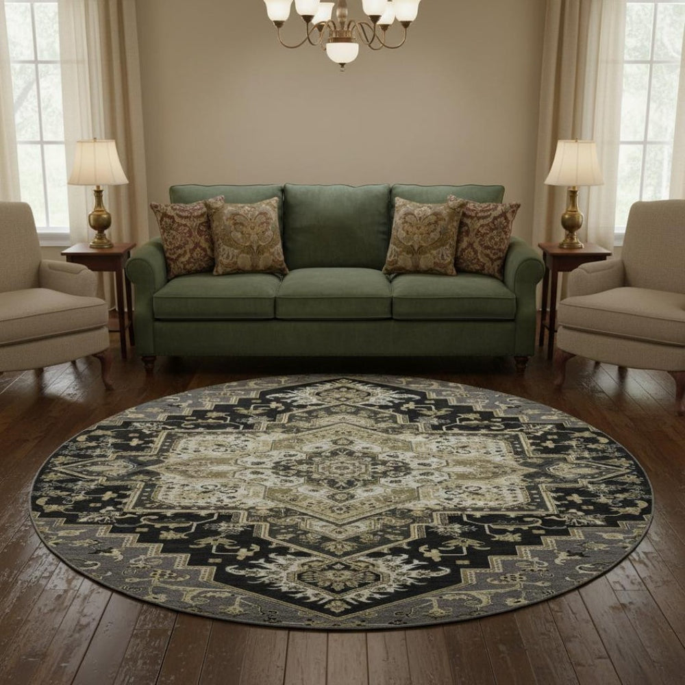 HomeRoots 8' Elegant Black Gold Beige Oriental Round Rug - Washable, UV Protected, Pet-Friendly Design! 681290