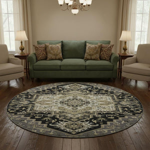 HomeRoots 8' Elegant Black Gold Beige Oriental Round Rug - Washable, UV Protected, Pet-Friendly Design! 681290