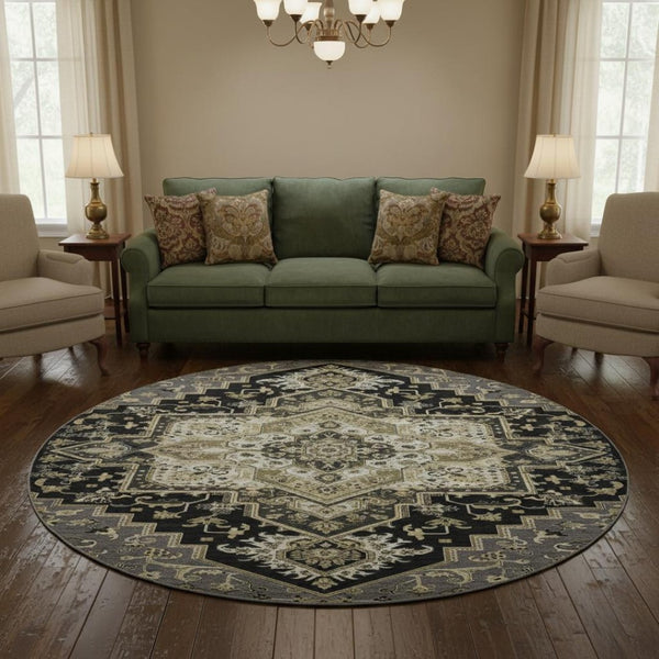 HomeRoots 8' Elegant Black Gold Beige Oriental Round Rug - Washable, UV Protected, Pet-Friendly Design! 681290