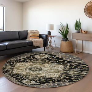 HomeRoots 8' Elegant Black Gold Beige Oriental Round Rug - Washable, UV Protected, Pet-Friendly Design! 681290