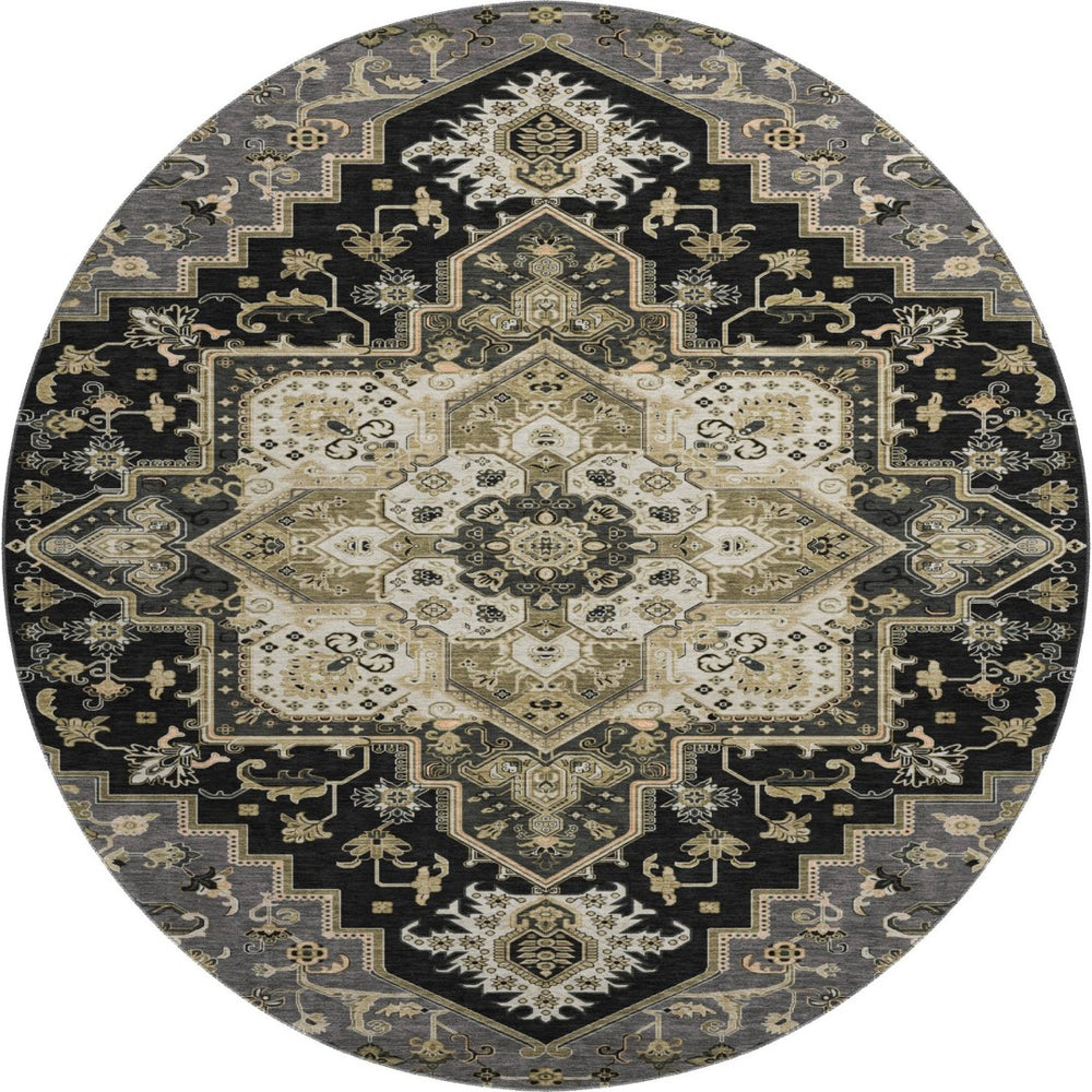 HomeRoots 8' Elegant Black Gold Beige Oriental Round Rug - Washable, UV Protected, Pet-Friendly Design! 681290