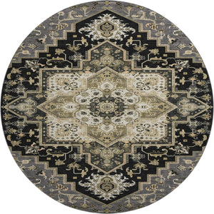 HomeRoots 8' Elegant Black Gold Beige Oriental Round Rug - Washable, UV Protected, Pet-Friendly Design! 681290