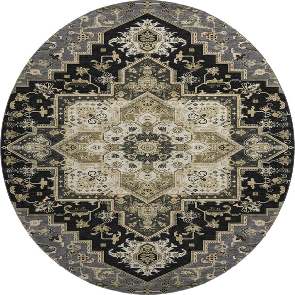HomeRoots 8' Elegant Black Gold Beige Oriental Round Rug - Washable, UV Protected, Pet-Friendly Design! 681290