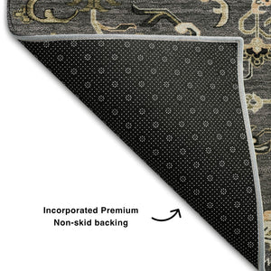 HomeRoots 8' Elegant Black Gold Beige Oriental Round Rug - Washable, UV Protected, Pet-Friendly Design! 681290
