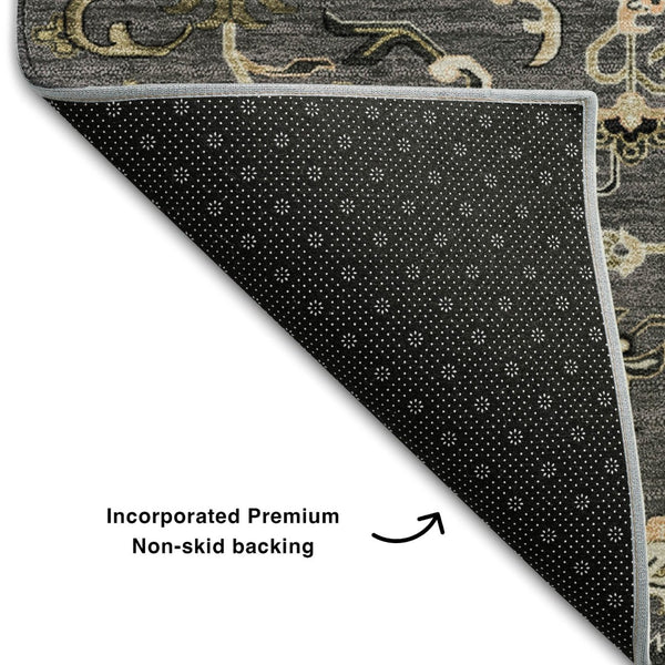 HomeRoots 8' Elegant Black Gold Beige Oriental Round Rug - Washable, UV Protected, Pet-Friendly Design! 681290