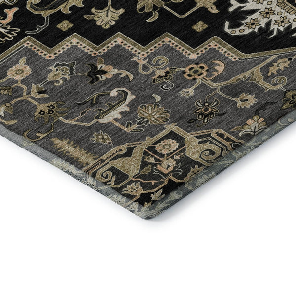 HomeRoots 8' Elegant Black Gold Beige Oriental Round Rug - Washable, UV Protected, Pet-Friendly Design! 681290