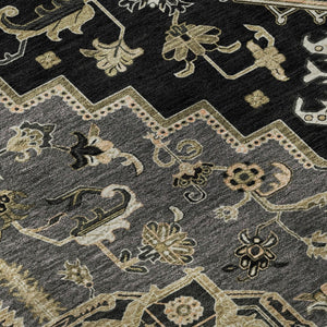 HomeRoots 8' Elegant Black Gold Beige Oriental Round Rug - Washable, UV Protected, Pet-Friendly Design! 681290
