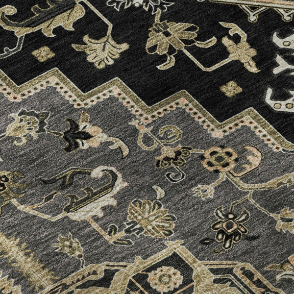 HomeRoots 8' Elegant Black Gold Beige Oriental Round Rug - Washable, UV Protected, Pet-Friendly Design! 681290