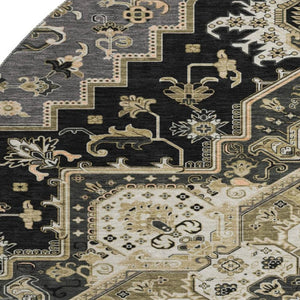 HomeRoots 8' Elegant Black Gold Beige Oriental Round Rug - Washable, UV Protected, Pet-Friendly Design! 681290