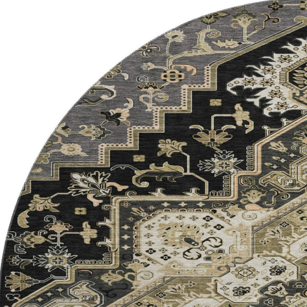 HomeRoots 8' Elegant Black Gold Beige Oriental Round Rug - Washable, UV Protected, Pet-Friendly Design! 681290