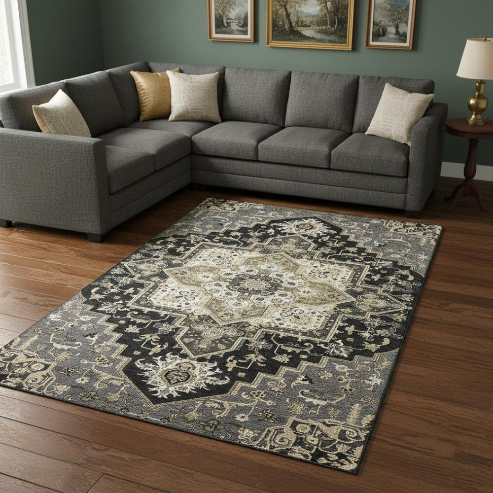 HomeRoots 8' X 10' Washable Black Gold Beige Oriental Area Rug - Stain-Resistant, UV Protected & Durable! 681291