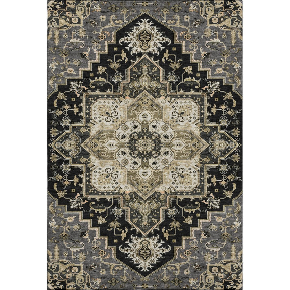 HomeRoots 8' X 10' Washable Black Gold Beige Oriental Area Rug - Stain-Resistant, UV Protected & Durable! 681291