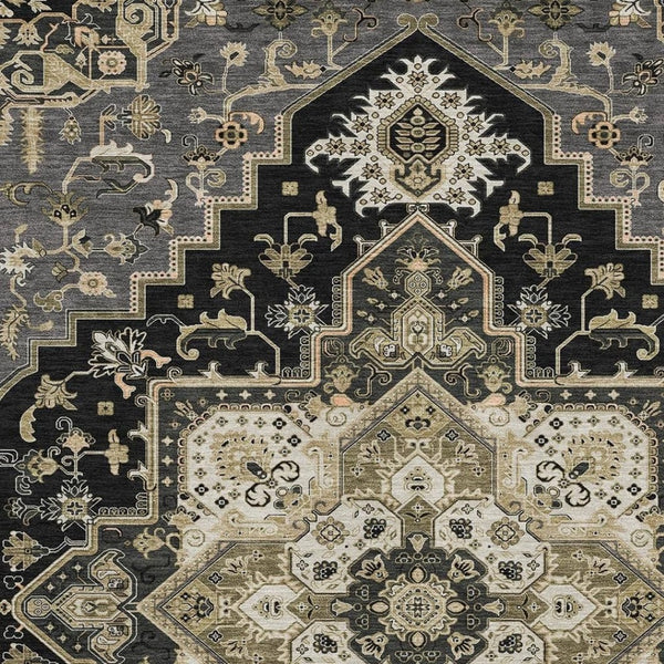 HomeRoots 8' X 10' Washable Black Gold Beige Oriental Area Rug - Stain-Resistant, UV Protected & Durable! 681291
