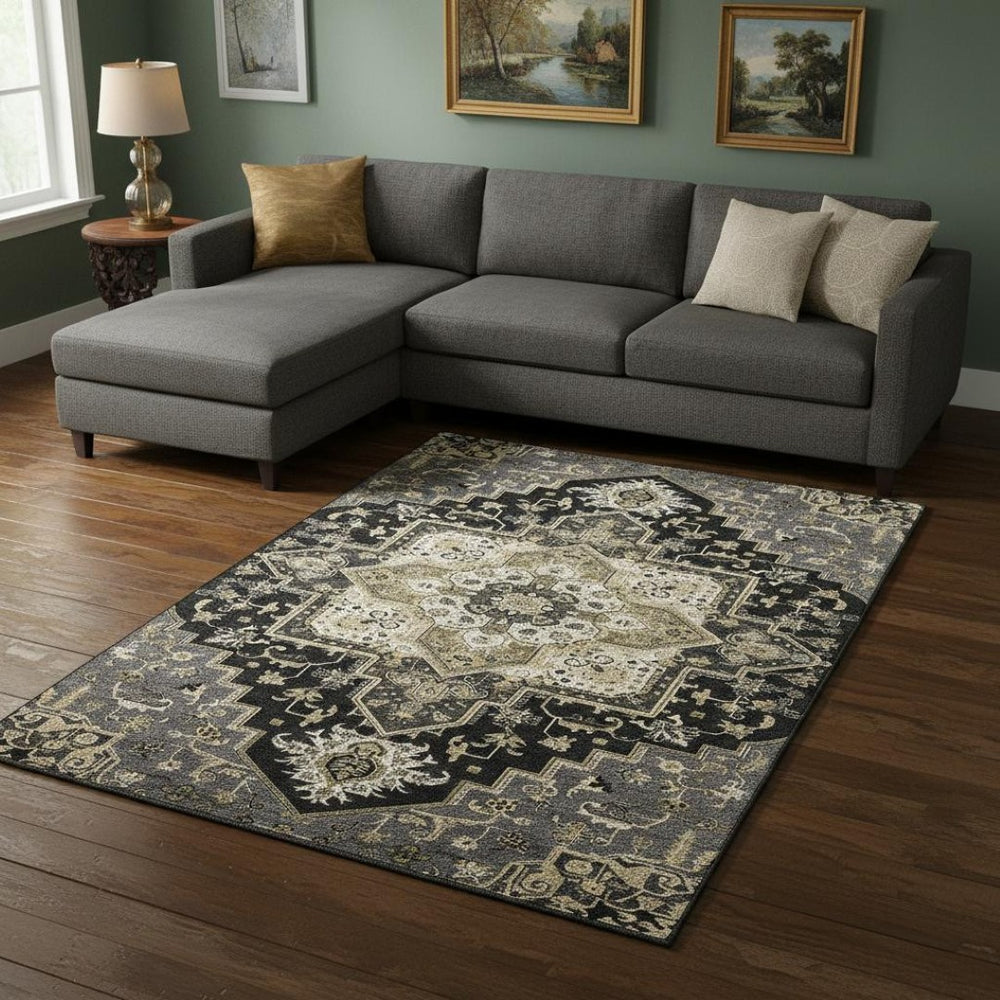 HomeRoots 9' X 12' Elegant Black Gold Beige Oriental Washable Area Rug with UV Protection for High-Traffic Homes 681292