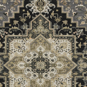HomeRoots 9' X 12' Elegant Black Gold Beige Oriental Washable Area Rug with UV Protection for High-Traffic Homes 681292
