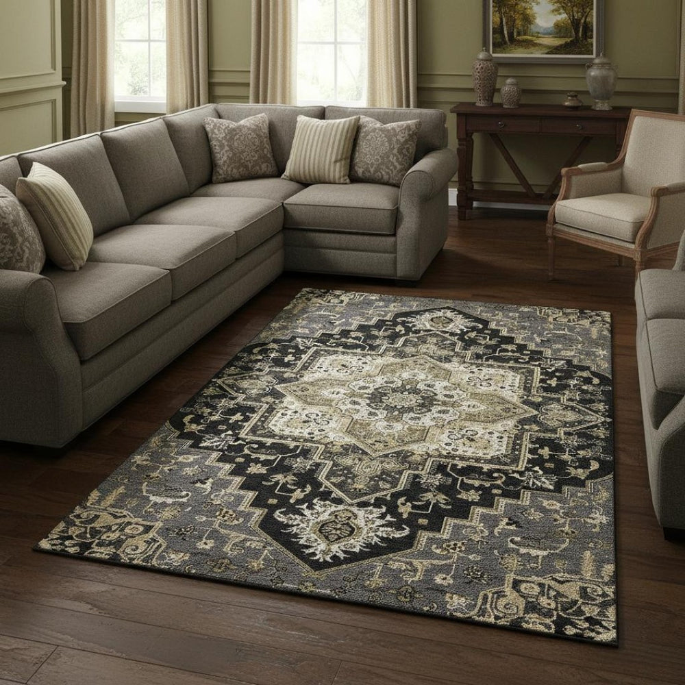 HomeRoots 10' X 14' Elegant Black Gold Beige Oriental Area Rug - Washable, Stain-Resistant, UV Protected! 681293