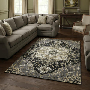 HomeRoots 10' X 14' Elegant Black Gold Beige Oriental Area Rug - Washable, Stain-Resistant, UV Protected! 681293