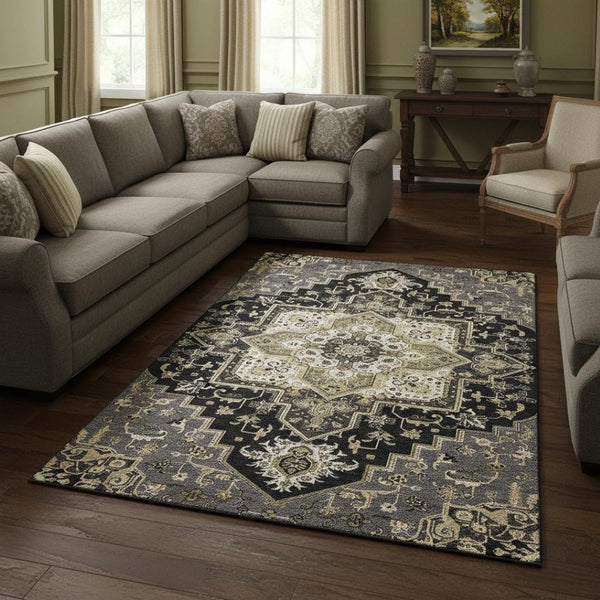 HomeRoots 10' X 14' Elegant Black Gold Beige Oriental Area Rug - Washable, Stain-Resistant, UV Protected! 681293