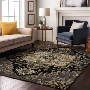 HomeRoots 10' X 14' Elegant Black Gold Beige Oriental Area Rug - Washable, Stain-Resistant, UV Protected! 681293