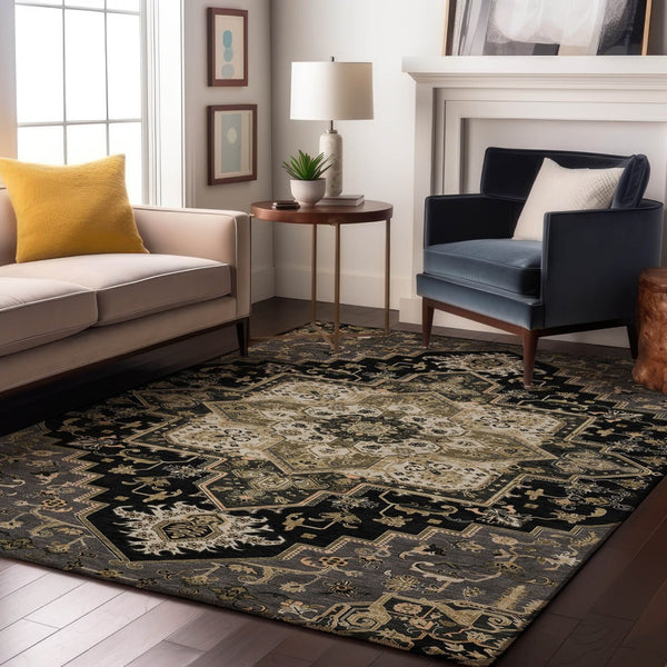 HomeRoots 10' X 14' Elegant Black Gold Beige Oriental Area Rug - Washable, Stain-Resistant, UV Protected! 681293