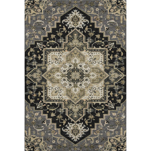 HomeRoots 10' X 14' Elegant Black Gold Beige Oriental Area Rug - Washable, Stain-Resistant, UV Protected! 681293