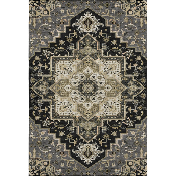 HomeRoots 10' X 14' Elegant Black Gold Beige Oriental Area Rug - Washable, Stain-Resistant, UV Protected! 681293