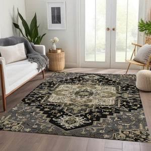 HomeRoots 10' X 14' Elegant Black Gold Beige Oriental Area Rug - Washable, Stain-Resistant, UV Protected! 681293