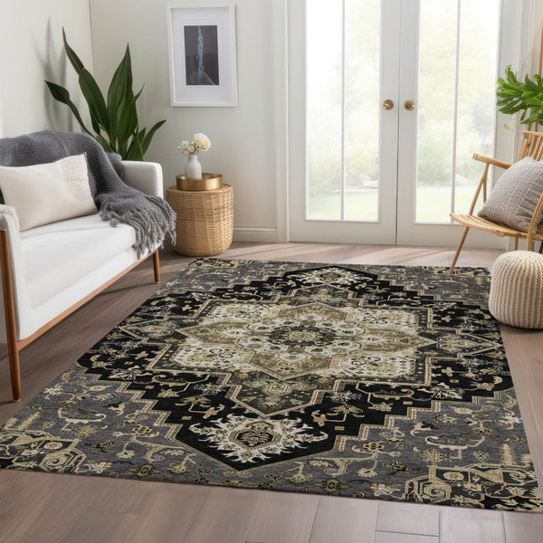 HomeRoots 10' X 14' Elegant Black Gold Beige Oriental Area Rug - Washable, Stain-Resistant, UV Protected! 681293