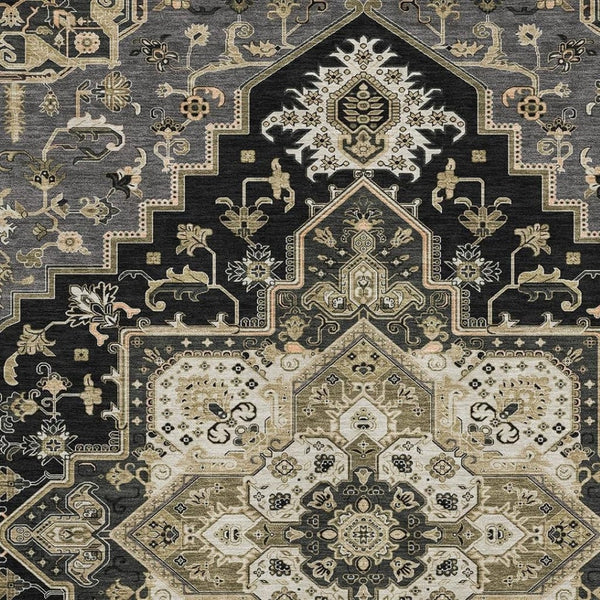HomeRoots 10' X 14' Elegant Black Gold Beige Oriental Area Rug - Washable, Stain-Resistant, UV Protected! 681293