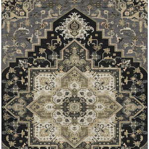 HomeRoots 10' X 14' Elegant Black Gold Beige Oriental Area Rug - Washable, Stain-Resistant, UV Protected! 681293