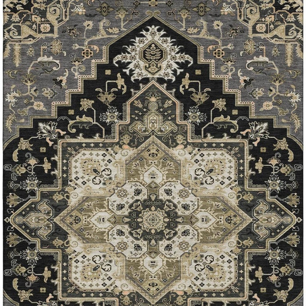 HomeRoots 10' X 14' Elegant Black Gold Beige Oriental Area Rug - Washable, Stain-Resistant, UV Protected! 681293