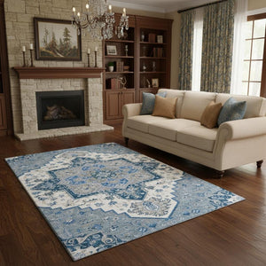 HomeRoots 5' X 8' Blue Ivory Gray Oriental Washable Area Rug – Stylish, Durable, UV-Protected for All Spaces 681295