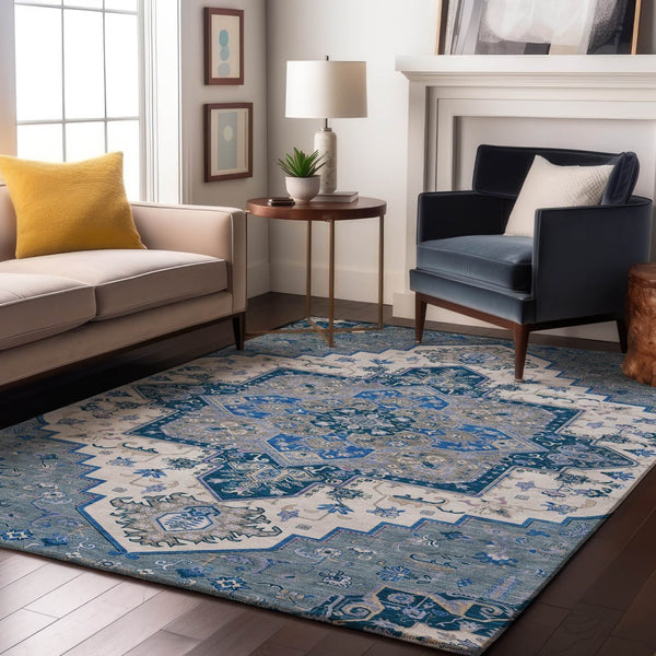 HomeRoots 5' X 8' Blue Ivory Gray Oriental Washable Area Rug – Stylish, Durable, UV-Protected for All Spaces 681295