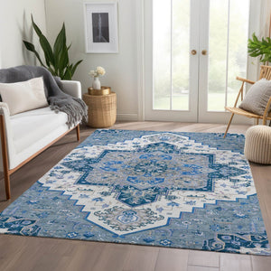 HomeRoots 5' X 8' Blue Ivory Gray Oriental Washable Area Rug – Stylish, Durable, UV-Protected for All Spaces 681295