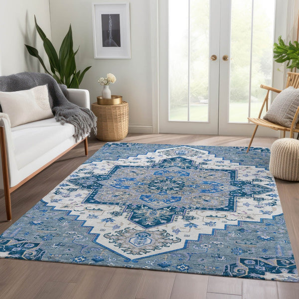 HomeRoots 5' X 8' Blue Ivory Gray Oriental Washable Area Rug – Stylish, Durable, UV-Protected for All Spaces 681295