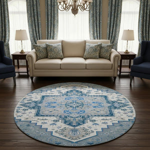 HomeRoots 8' Blue Ivory Gray Oriental Round Rug - Washable, UV Resistant, Durable Design for Any Space 681296