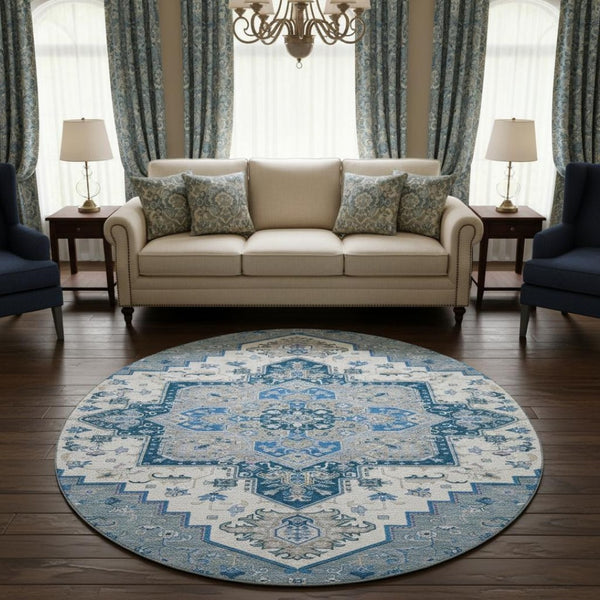 HomeRoots 8' Blue Ivory Gray Oriental Round Rug - Washable, UV Resistant, Durable Design for Any Space 681296