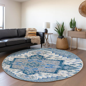 HomeRoots 8' Blue Ivory Gray Oriental Round Rug - Washable, UV Resistant, Durable Design for Any Space 681296