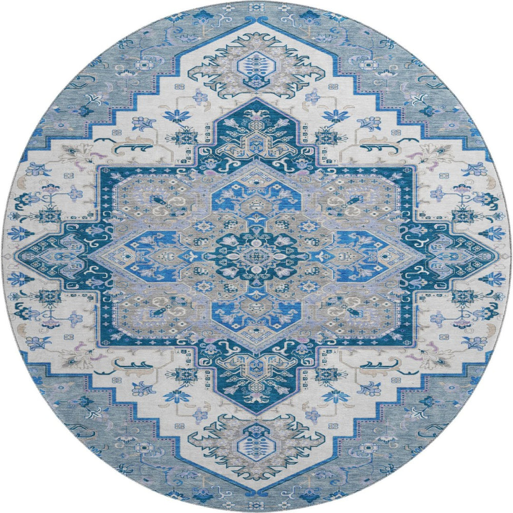 HomeRoots 8' Blue Ivory Gray Oriental Round Rug - Washable, UV Resistant, Durable Design for Any Space 681296