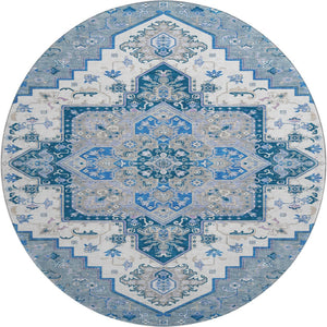 HomeRoots 8' Blue Ivory Gray Oriental Round Rug - Washable, UV Resistant, Durable Design for Any Space 681296