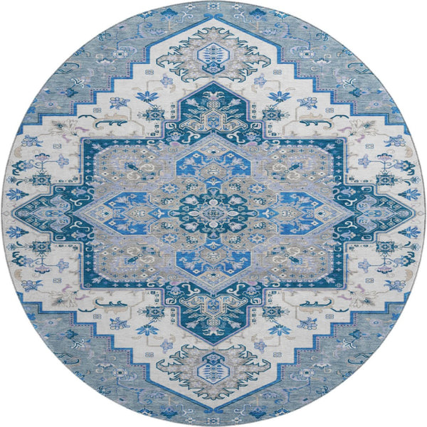 HomeRoots 8' Blue Ivory Gray Oriental Round Rug - Washable, UV Resistant, Durable Design for Any Space 681296