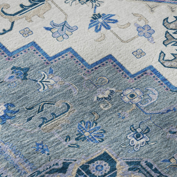 HomeRoots 8' Blue Ivory Gray Oriental Round Rug - Washable, UV Resistant, Durable Design for Any Space 681296