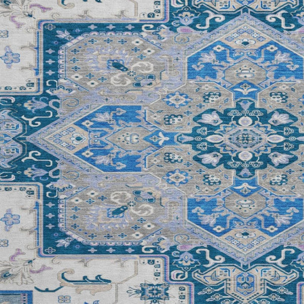 HomeRoots 8' Blue Ivory Gray Oriental Round Rug - Washable, UV Resistant, Durable Design for Any Space 681296
