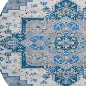 HomeRoots 8' Blue Ivory Gray Oriental Round Rug - Washable, UV Resistant, Durable Design for Any Space 681296