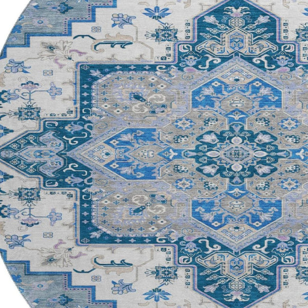 HomeRoots 8' Blue Ivory Gray Oriental Round Rug - Washable, UV Resistant, Durable Design for Any Space 681296